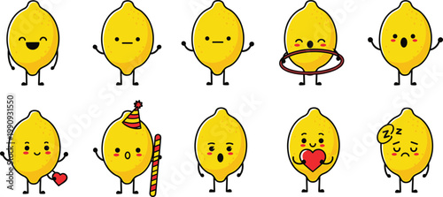 Cute lemon characters emoji vector set with different facial expressions, happy sad sleepy and love poses, kawaii fruit mascots isolated