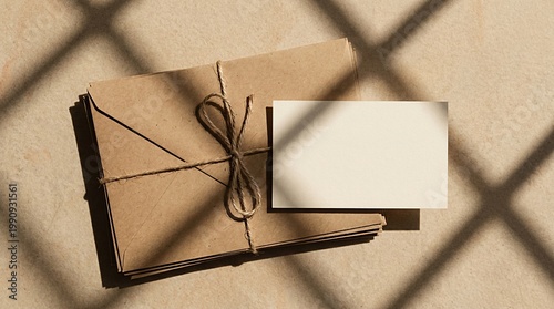 Stack of kraft paper envelopes with twine and business card under window shadows mockup