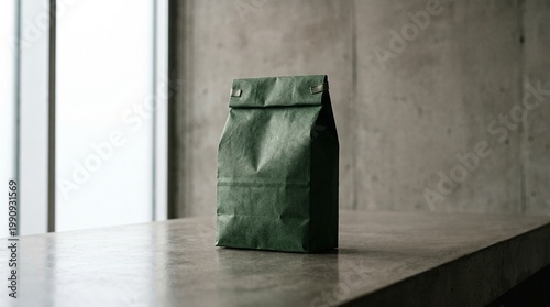 Side view mockup of a dark green paper coffee bag with tin tie on industrial concrete background