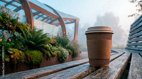 Takeaway coffee cup on a wet wooden bench in a misty botanical garden with modern greenhouse background