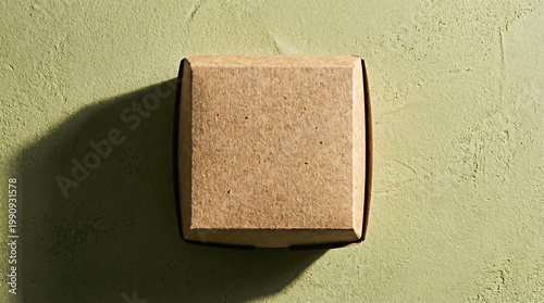 Top view mockup of a blank kraft paper burger box on textured green surface with harsh shadow