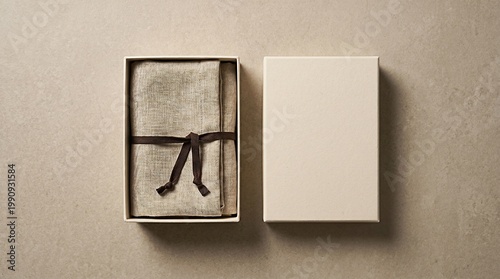 Top view mockup of a premium beige gift box with folded linen fabric and dark ribbon on stone background