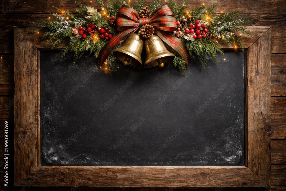 Fototapeta premium Festive chalkboard decoration with bells and vintage style on reclaimed wooden frame with copy space
