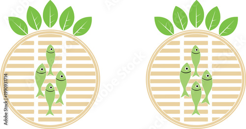 Flat fish in bamboo steamer vector set with green leaves, minimal seafood icons for menu, packaging, and healthy diet design