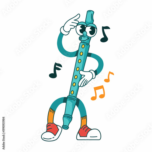 A vibrant and playful cartoon character poses with a flute, showcasing its joyful nature through dance and music, capturing the essence of creativity and fun.