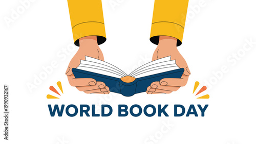 world book day illustration with hands holding open book colorful modern flat design on light background education reading concept creative poster for literacy awareness vector style 