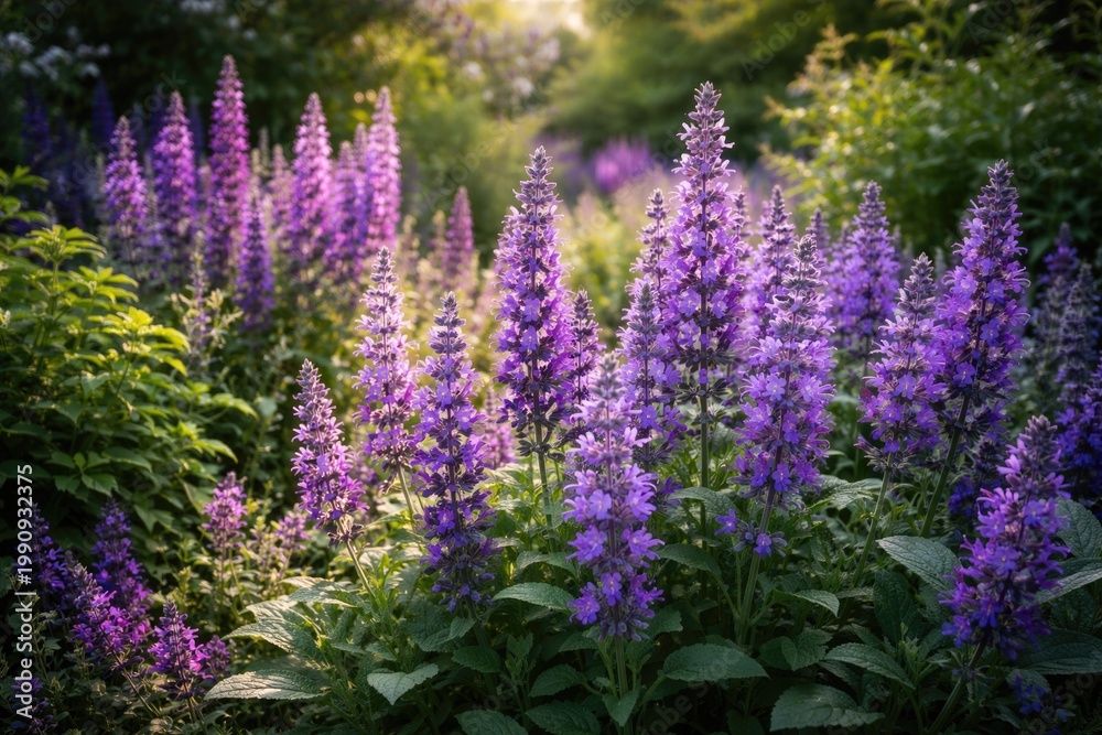 Obraz premium Colorful Purple Sage Flowers Blooming Surrounded by Dense Greenery in a Garden