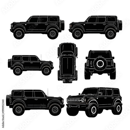 Ford Bronco 4-Door Off-Road SUV Technical Silhouette Vector Set