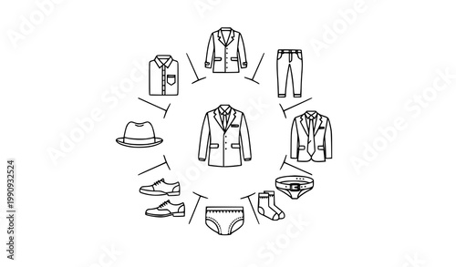Men’s clothing line icon vector set with fashion apparel shoes coat hat and accessories in minimalist outline style