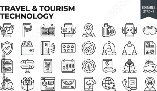 Travel Tourism Technology Outline Icon Set, Editable Stroke, Vector
