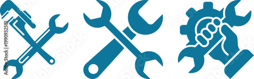 Repair and maintenance tool icon set including wrench, hammer, screwdriver and plumbing symbols in blue and gray styles on white background, ideal for construction and service designs.