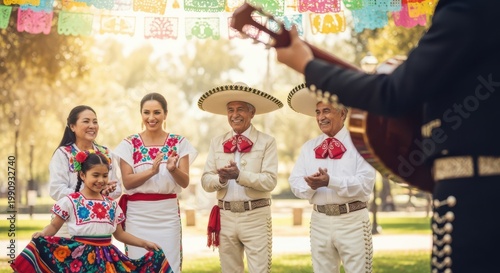 Mariachi band performing outdoors Cino de Mayo