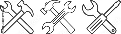 Repair and maintenance tool icon set including wrench, hammer, screwdriver and plumbing symbols in blue and gray styles on white background, ideal for construction and service designs.