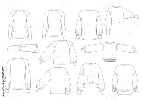Fashion CAD design sketches of women's tops showcasing diverse sleeve styles and silhouettes