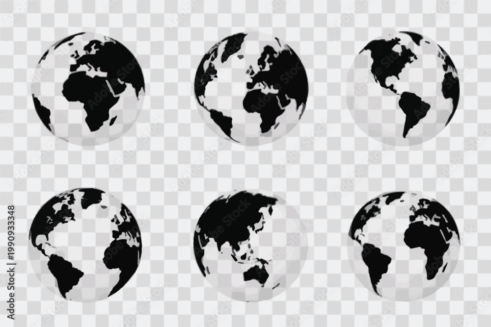 Fototapeta premium Six Globe Illustrations Showing Different Continents on Transparent Background