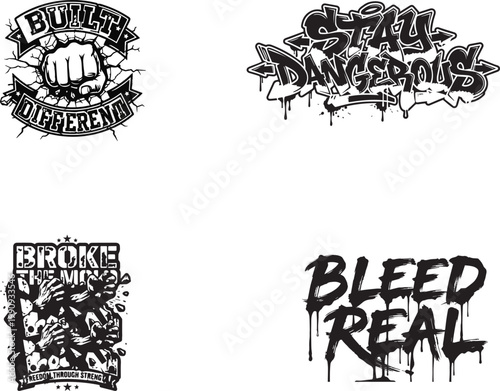 Motivational Graffiti Typography STAY DANGEROUS BUILT DIFFERENT Street Slogan Set