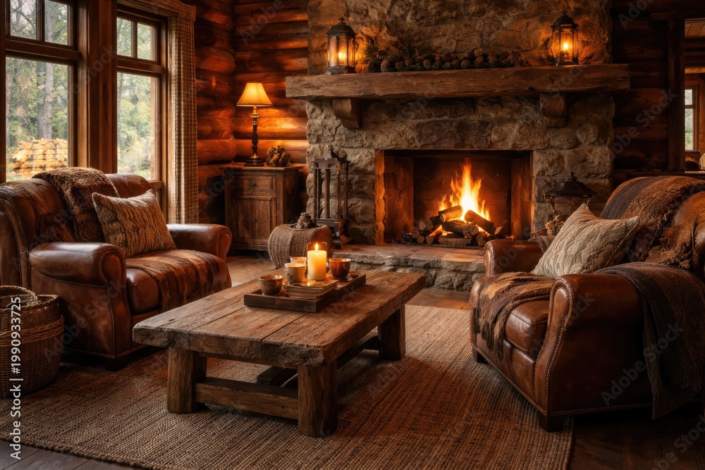 Naklejka premium Comfortable seating arrangement by a bright fire in a rustic lodge room