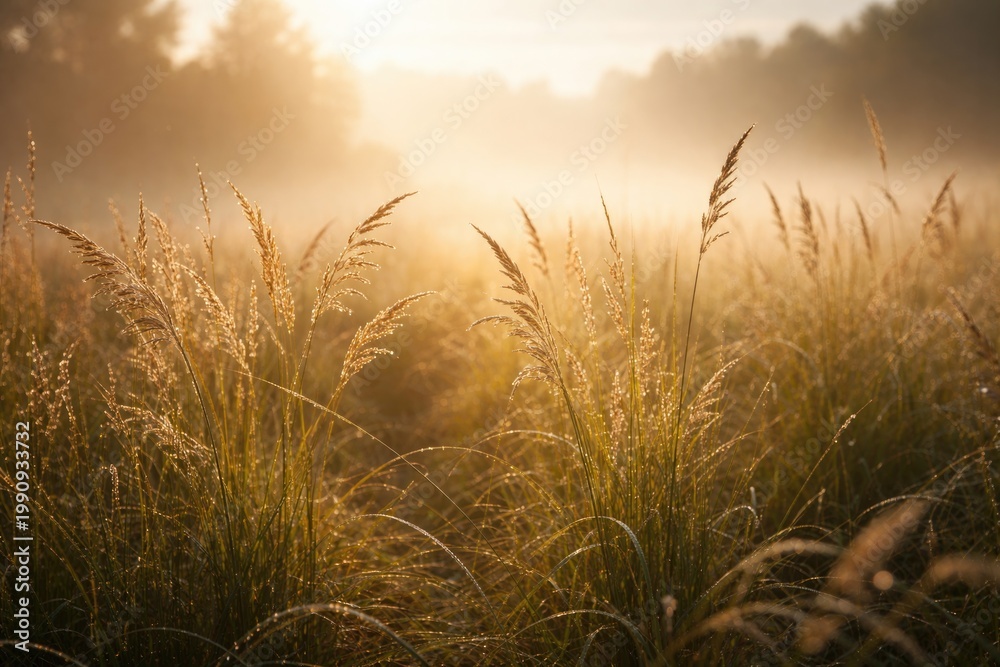 Naklejka premium Misty early morning scene with tall grass bathed in warm soft sunlight and gentle focus