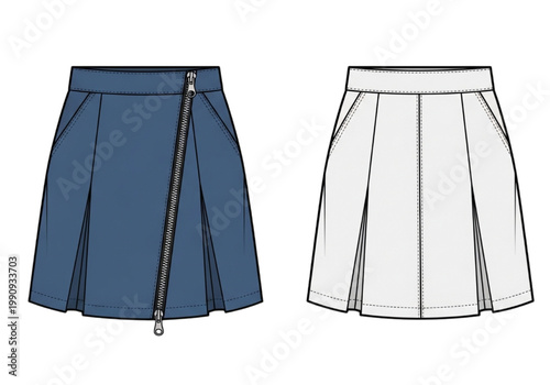 CAD fashion illustration of a stylish pleated mini skirt with a side zipper and pockets, front view