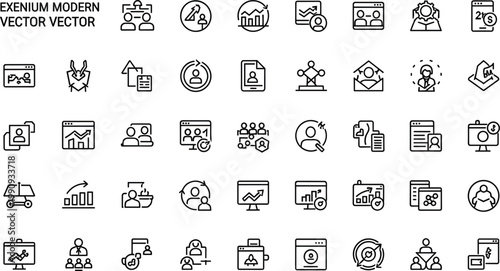 Business operations and corporate management line icon set featuring workflow analytics team collaboration strategy planning and enterprise tools