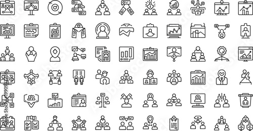 Business organization and team management line icon set featuring hierarchy collaboration workflow minimal outline vector collection