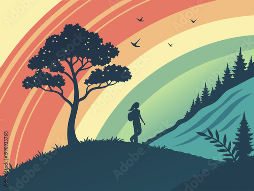 Retro Rainbow Hiker Silhouette Nature Landscape Illustration