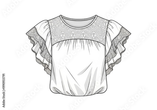 Detailed CAD technical drawing a stylish women's blouse with elegant ruffled sleeves and an intricate lace yoke. Perfect for fashion design and apparel visualization projects