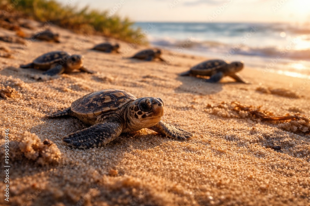 Obraz premium Happy loggerhead hatchlings making their way across the warm sand in a coastal habitat
