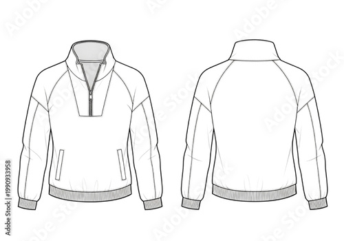 Essential CAD fashion flat sketch presenting the front and back views of a unisex half-zip pullover sweatshirt, perfect for technical apparel design and production documentation