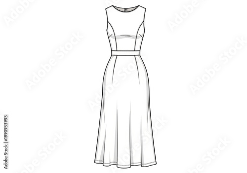 Fashion Design Sketch of a Sleeveless Maxi Dress with Waistband and Flared Skirt created in CAD