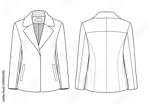 Women's Blazer CAD Drawing Front and Back View Technical Sketch for Fashion Design and Apparel Production
