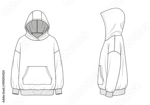 Photos Detailed CAD Fashion Design Illustration of a White Hoodie with Kangaroo Pocket