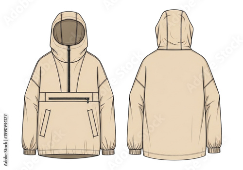 Technical CAD flat sketch of a casual pullover anorak jacket, providing front and back views for fashion design and garment development specifications