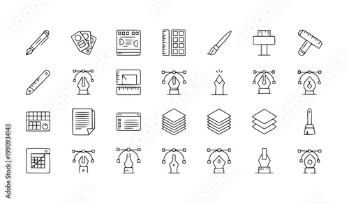 A set of educational icons featuring various school and office supplies