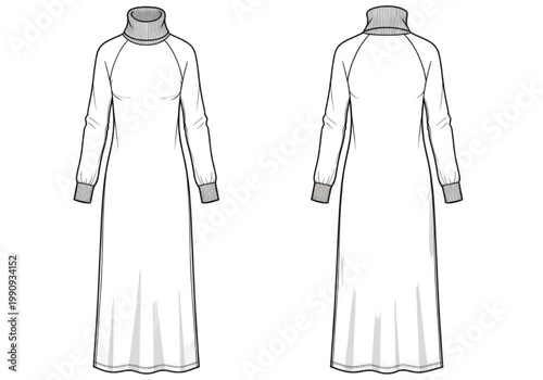 Detailed CAD illustration for a women's long-sleeved turtleneck maxi dress, showcasing front and back technical flats for fashion design and apparel pattern development