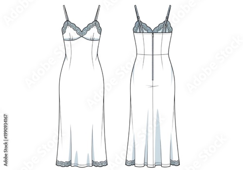 Detailed CAD illustration of a women's midi slip dress with lace trim, featuring front and back views for fashion design and apparel production specifications