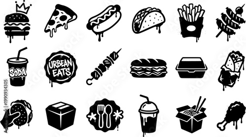 Set of black and white graffiti icons depicting street food and urban culture elements like a burger, pizza, spray can, and skateboard with a dripping paint effect