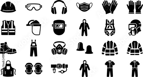 Personal protective equipment icon set featuring black glyphs of a hard hat, safety glasses, earmuffs, respirator mask, gloves, vest, boots, and a safety harness for work