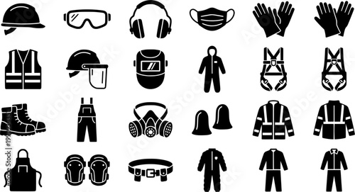 Personal protective equipment icon set featuring black glyphs of a hard hat, safety glasses, earmuffs, respirator mask, gloves, vest, boots, and a safety harness for work