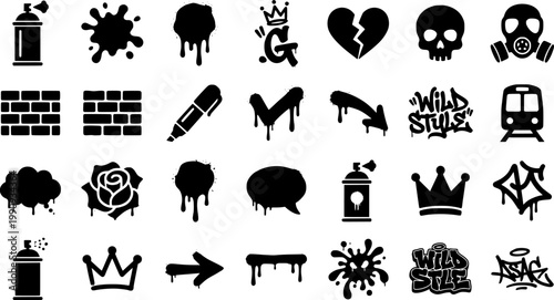 Set of black graffiti style icons featuring a spray can, skull, broken heart, and gas mask with other urban street art elements in a dripping, hand-drawn vector illustration