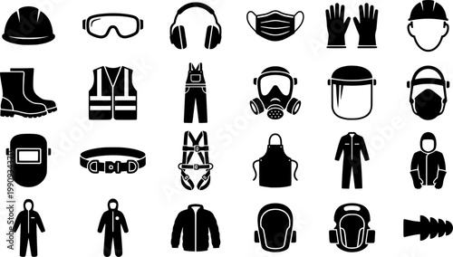 Personal protective equipment icon set featuring black glyphs of a hard hat, safety glasses, earmuffs, respirator mask, gloves, vest, boots, and a safety harness for work