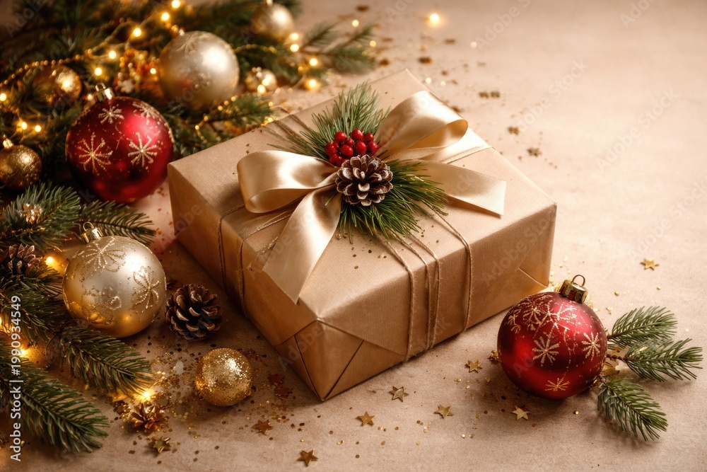Fototapeta premium Christmas themed product presentation with wrapped gift and baubles set on beige surface