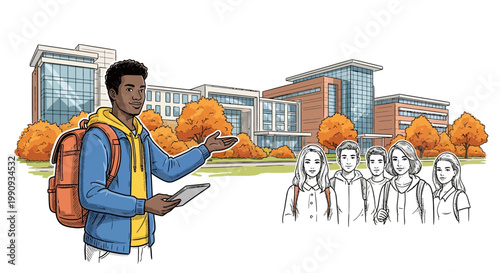 Diverse college student with backpack and tablet illustration in front of university building with friends