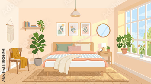 Cozy bedroom interior in a modern boho style. A sunlit room with a comfy bed, plants, and natural decor. Perfect for design or lifestyle concepts.