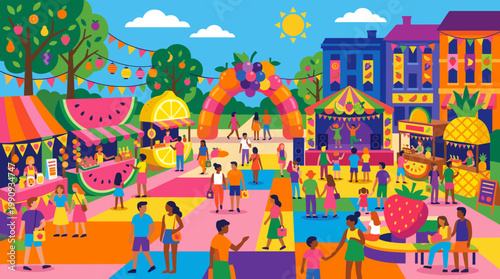 A vibrant vector illustration of a crowded summer fruit festival. Diverse people enjoy food, music, and community in a colorful city park. Perfect for events.