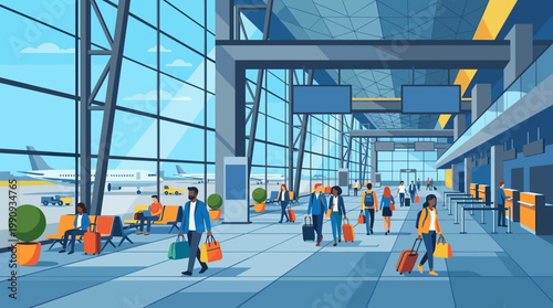 Diverse passengers with luggage in a modern airport terminal waiting for a flight. Vector illustration for travel concepts.