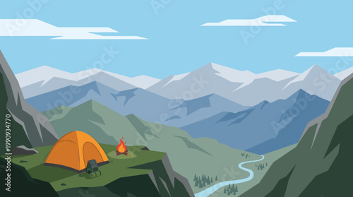 Flat design vector of a tranquil mountain landscape with a campsite. An orange tent and campfire overlook a river valley. Ideal for tourism and outdoor themes.