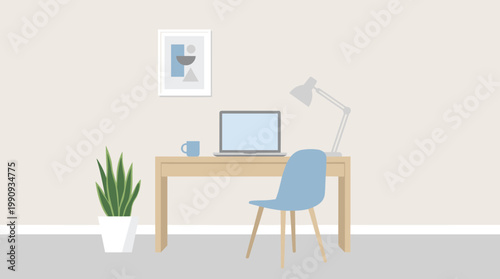 Modern home office interior. A minimalist workspace with a laptop on a desk. Flat vector illustration for remote work, business, or study concepts.
