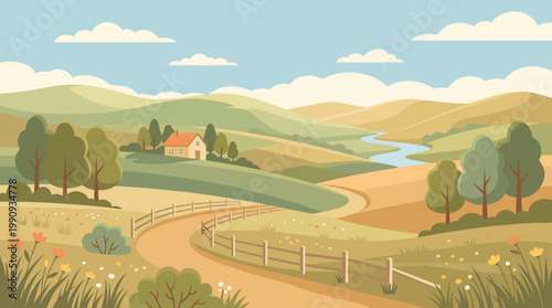 Peaceful countryside scene with a rural farm, green hills, and a river. This nature landscape vector illustration is a perfect background for any project.