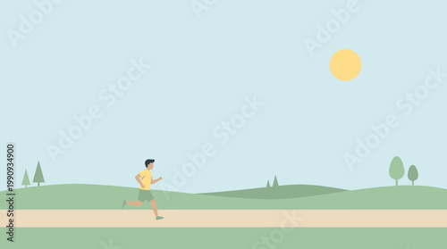 Man running in park for a healthy lifestyle. Minimalist flat vector illustration for wellness, fitness, or outdoor activity concepts. Calm and positive.